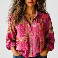 Kelly Boho Print Button-Front Shirt in Pink