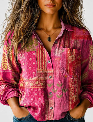 Kelly Boho Print Button-Front Shirt in Pink