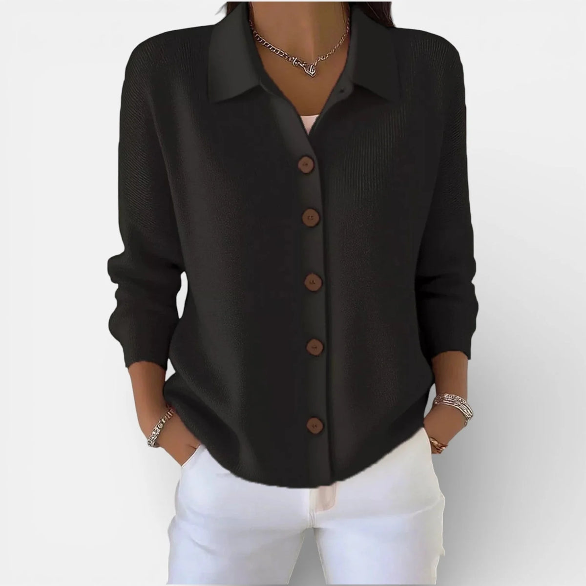 Kelsey Soft Collared Button Blouse in Black
