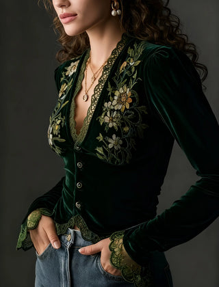 Kendra Floral Embroidered Plush Blouse in Dark Green