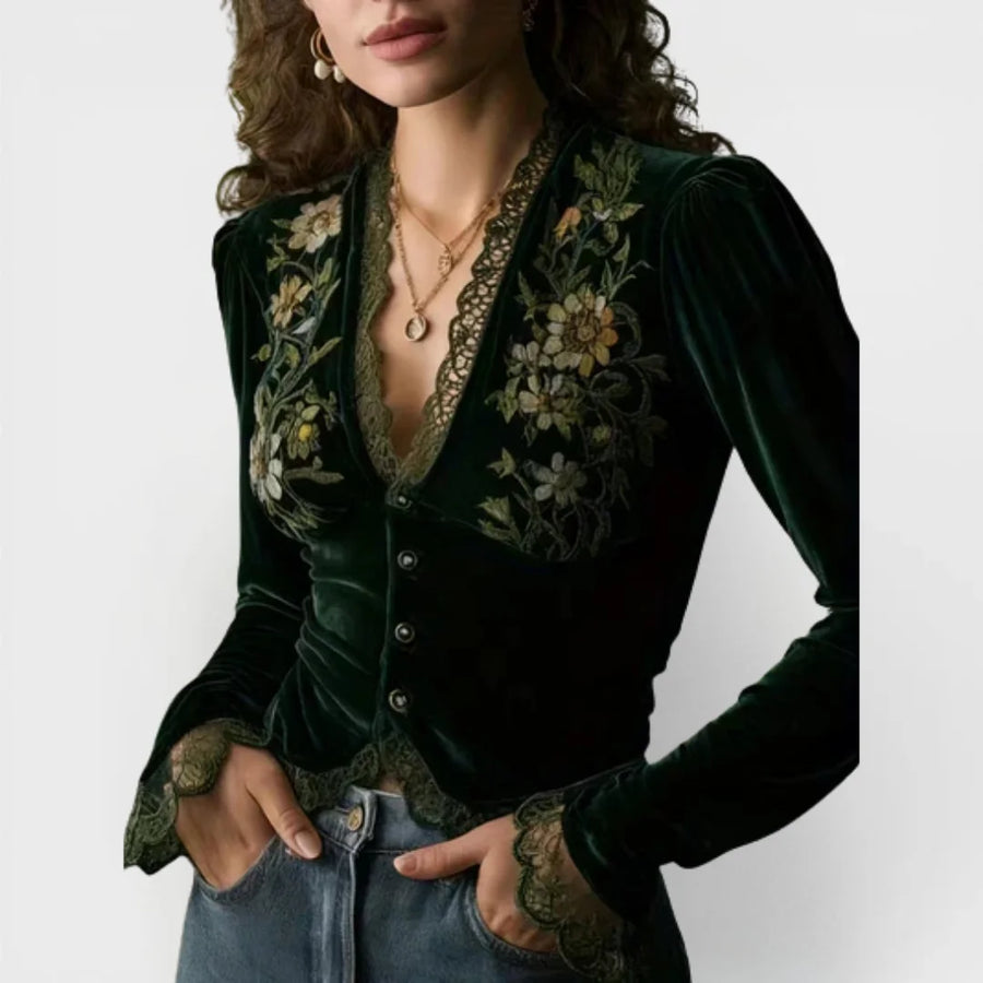 Kendra Floral Embroidered Plush Blouse in Dark Green