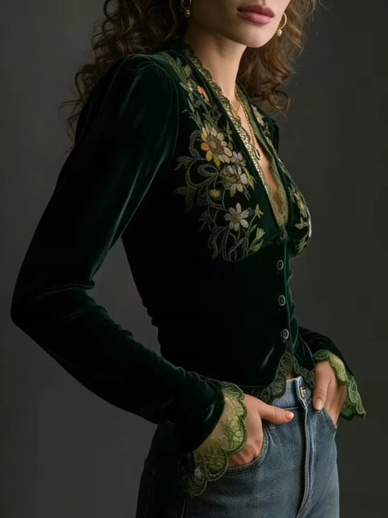 Kendra Floral Embroidered Plush Blouse in Dark Green