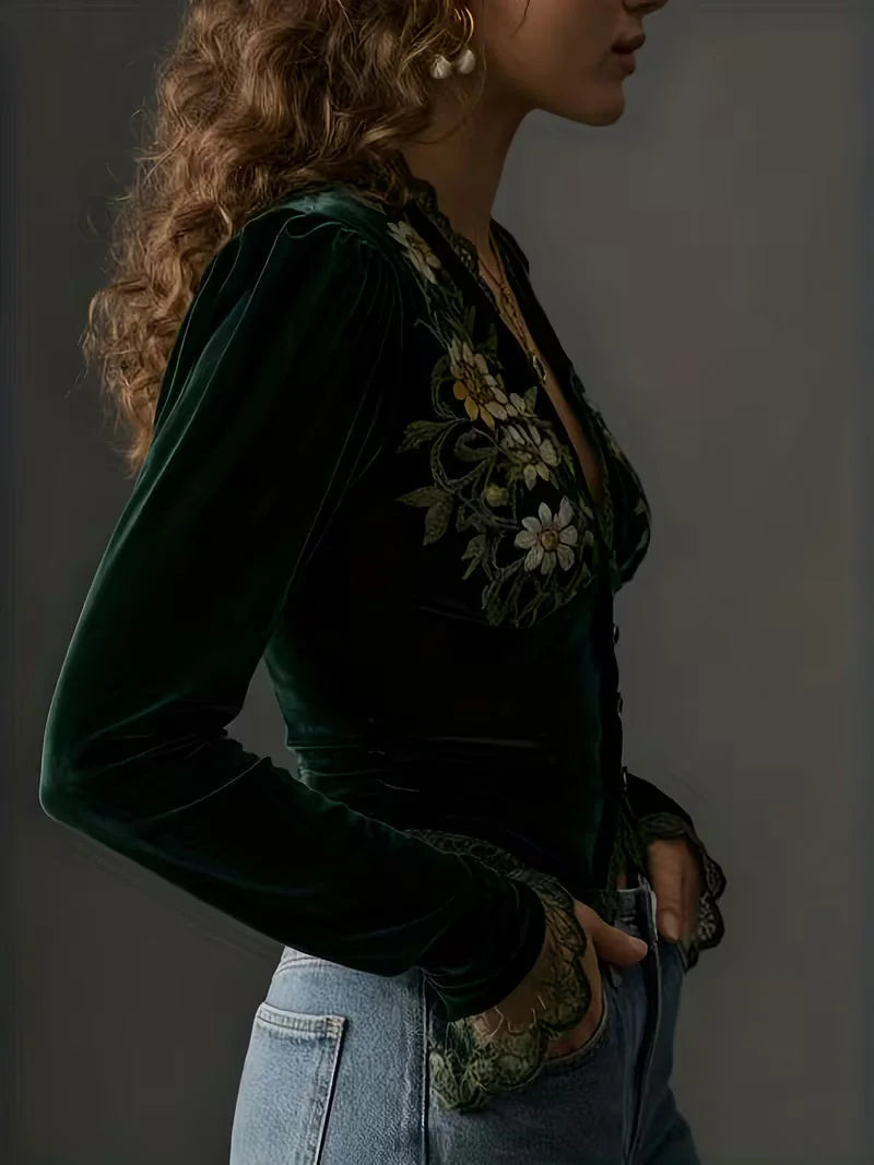 Kendra Floral Embroidered Plush Blouse in Dark Green
