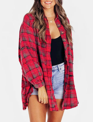 Kim Plaid Raw Hem Oversized Shirt in Red