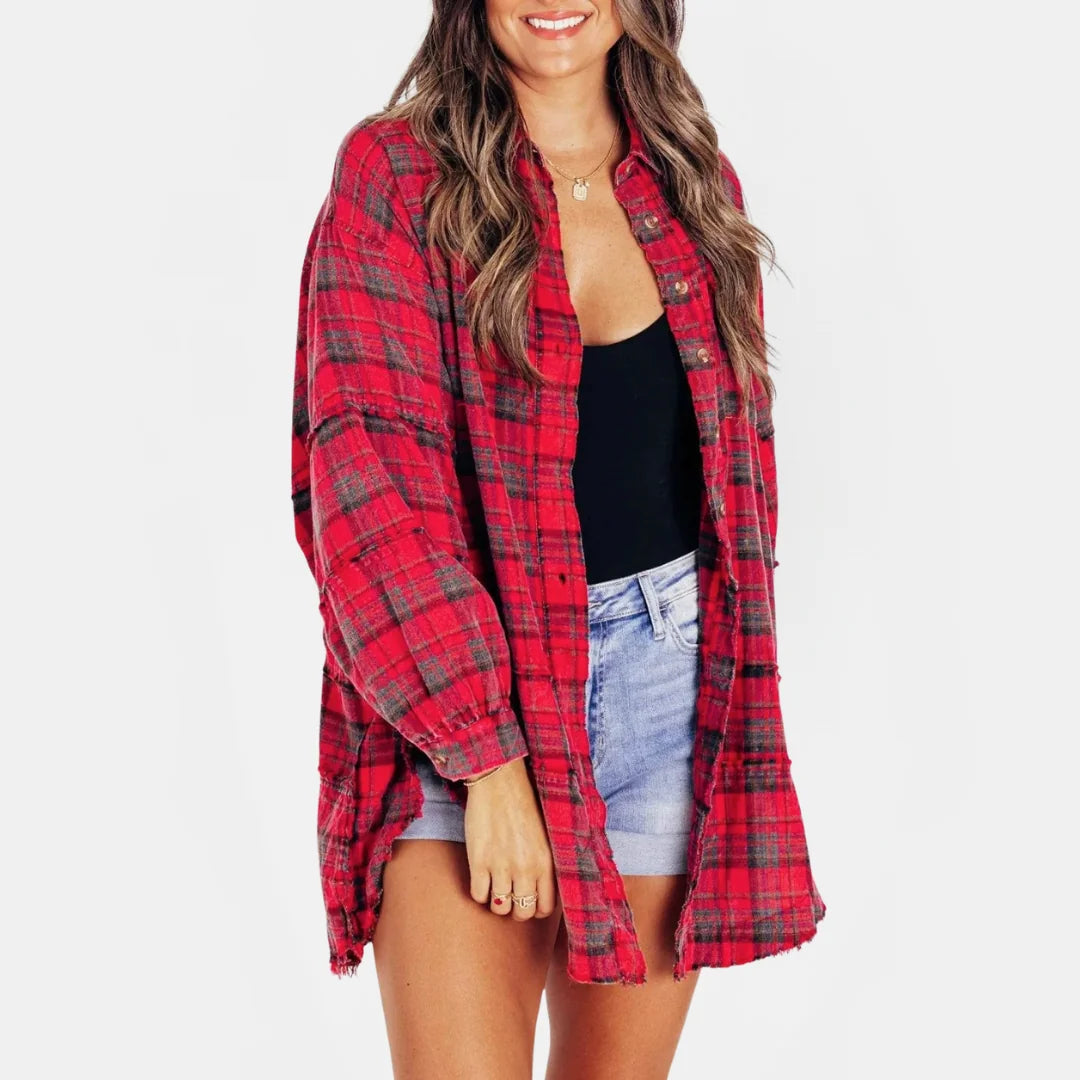 Kim Plaid Raw Hem Oversized Shirt in Red