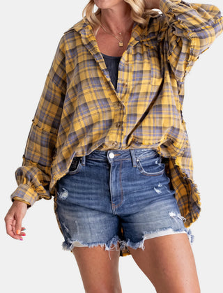 Kim Plaid Raw Hem Oversized Shirt in Yellow
