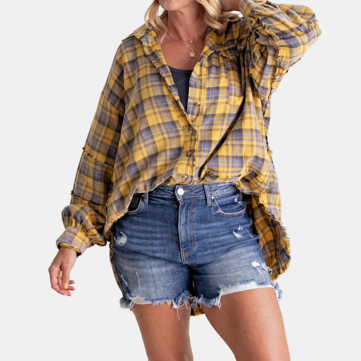 Kim Plaid Raw Hem Oversized Shirt in Yellow