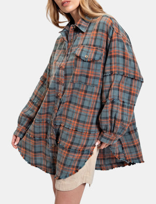 Kim Plaid Raw Hem Oversized Shirt in Green