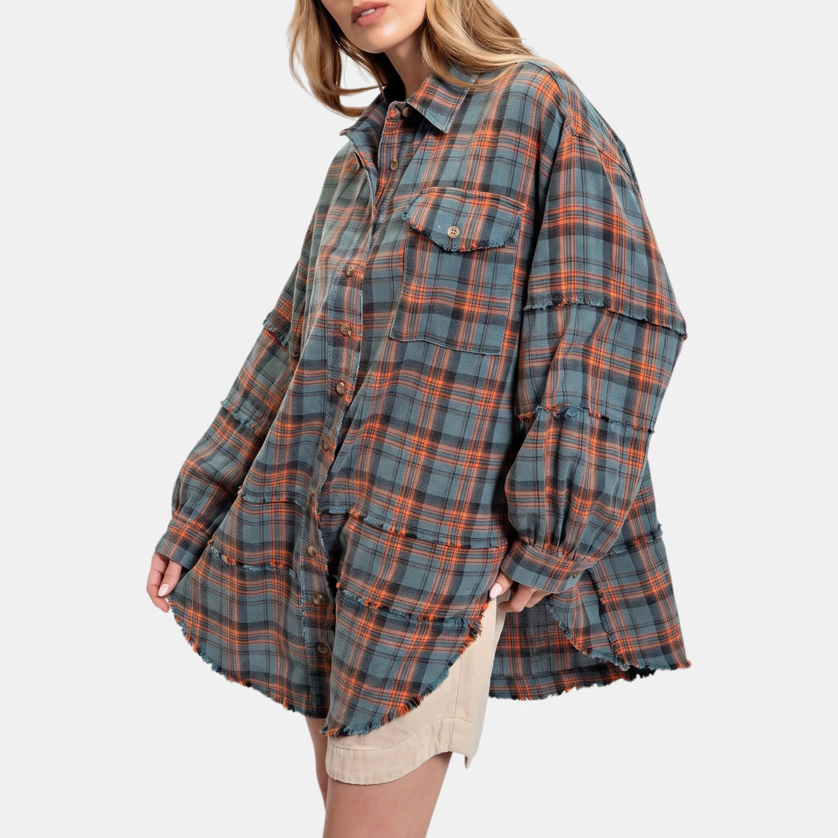 Kim Plaid Raw Hem Oversized Shirt in Green