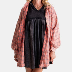 Kim Plaid Raw Hem Oversized Shirt in Pink