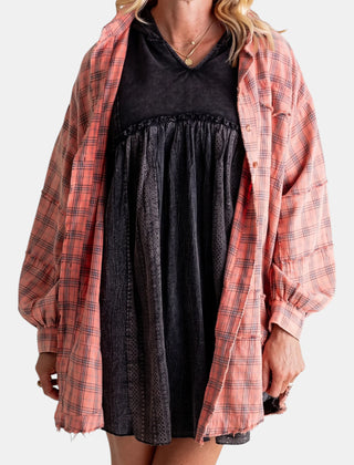 Kim Plaid Raw Hem Oversized Shirt in Pink