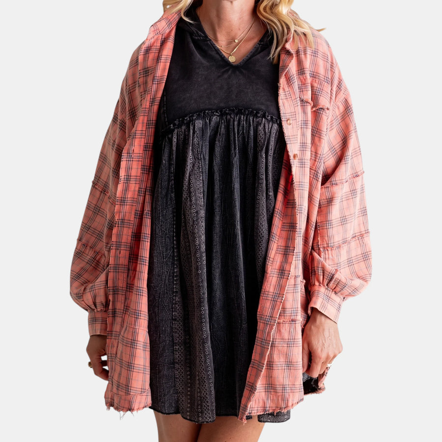 Kim Plaid Raw Hem Oversized Shirt in Pink