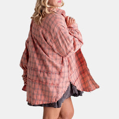 Kim Plaid Raw Hem Oversized Shirt in Pink