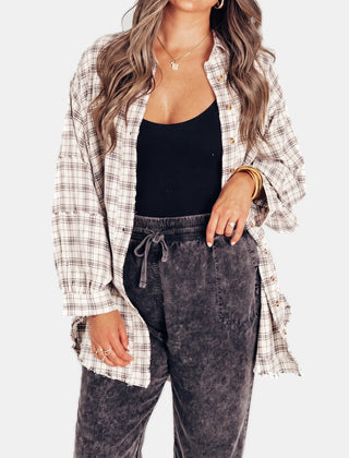 Kim Plaid Raw Hem Oversized Shirt in White