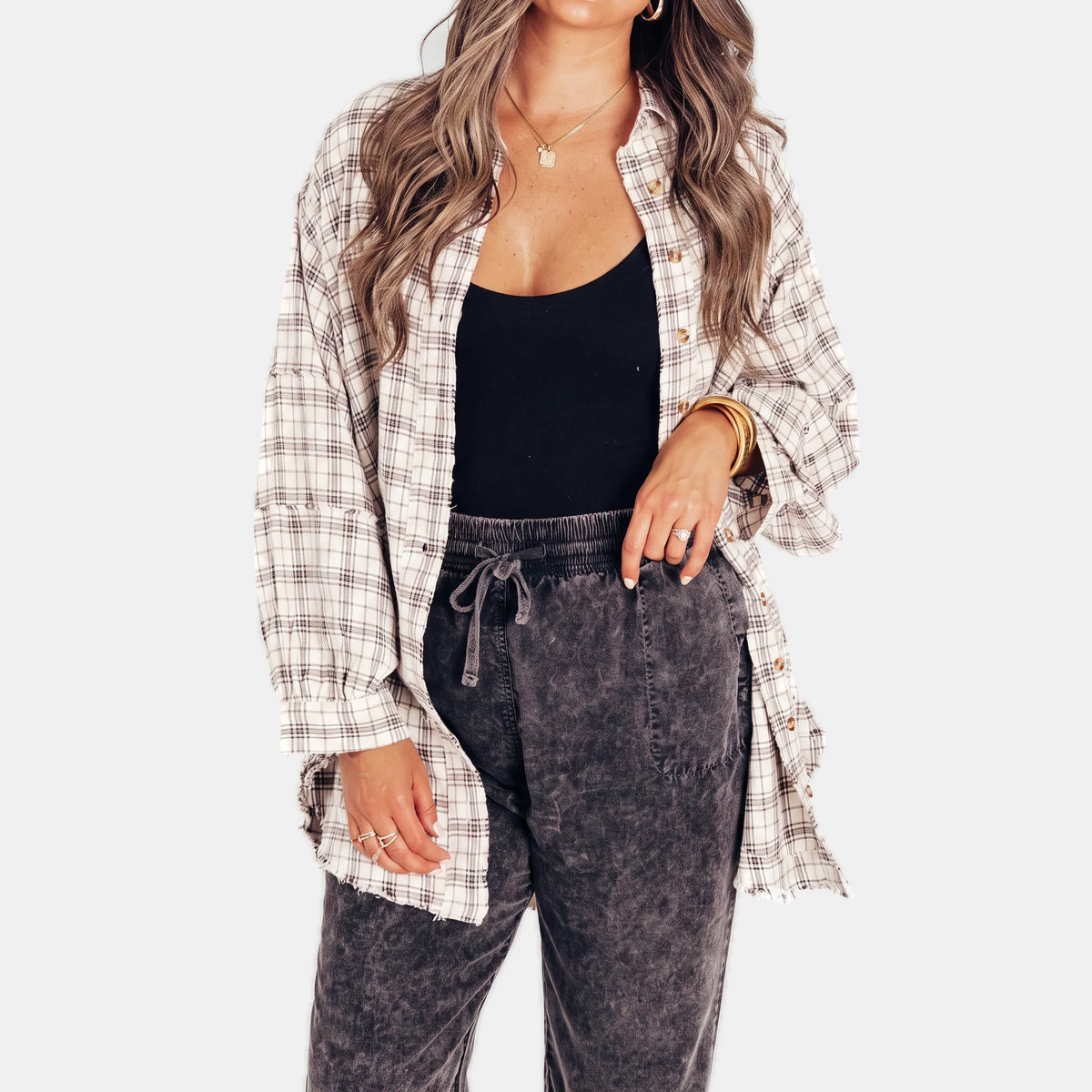 Kim Plaid Raw Hem Oversized Shirt in White
