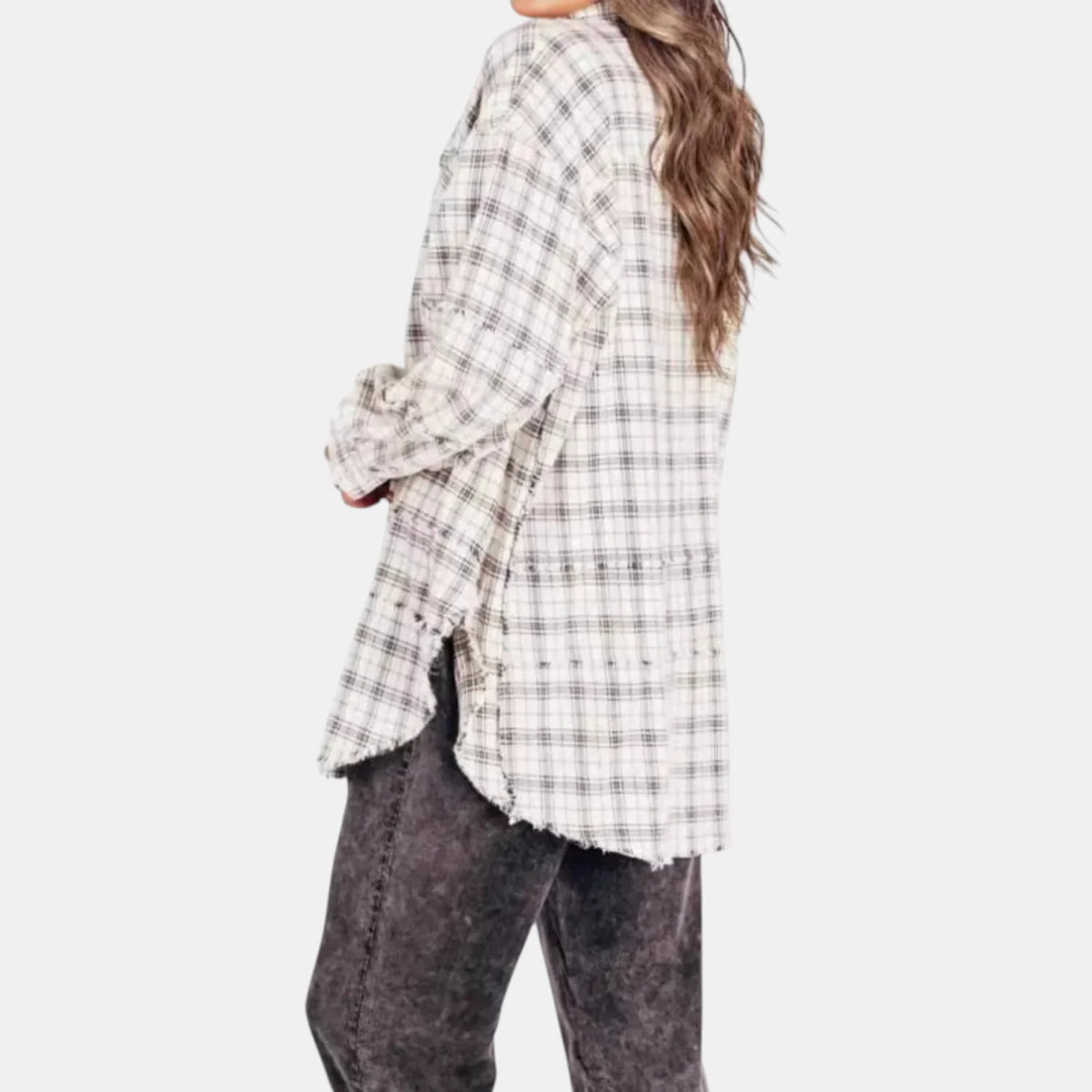 Kim Plaid Raw Hem Oversized Shirt in White