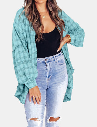 Kim Plaid Raw Hem Oversized Shirt in Turquoise