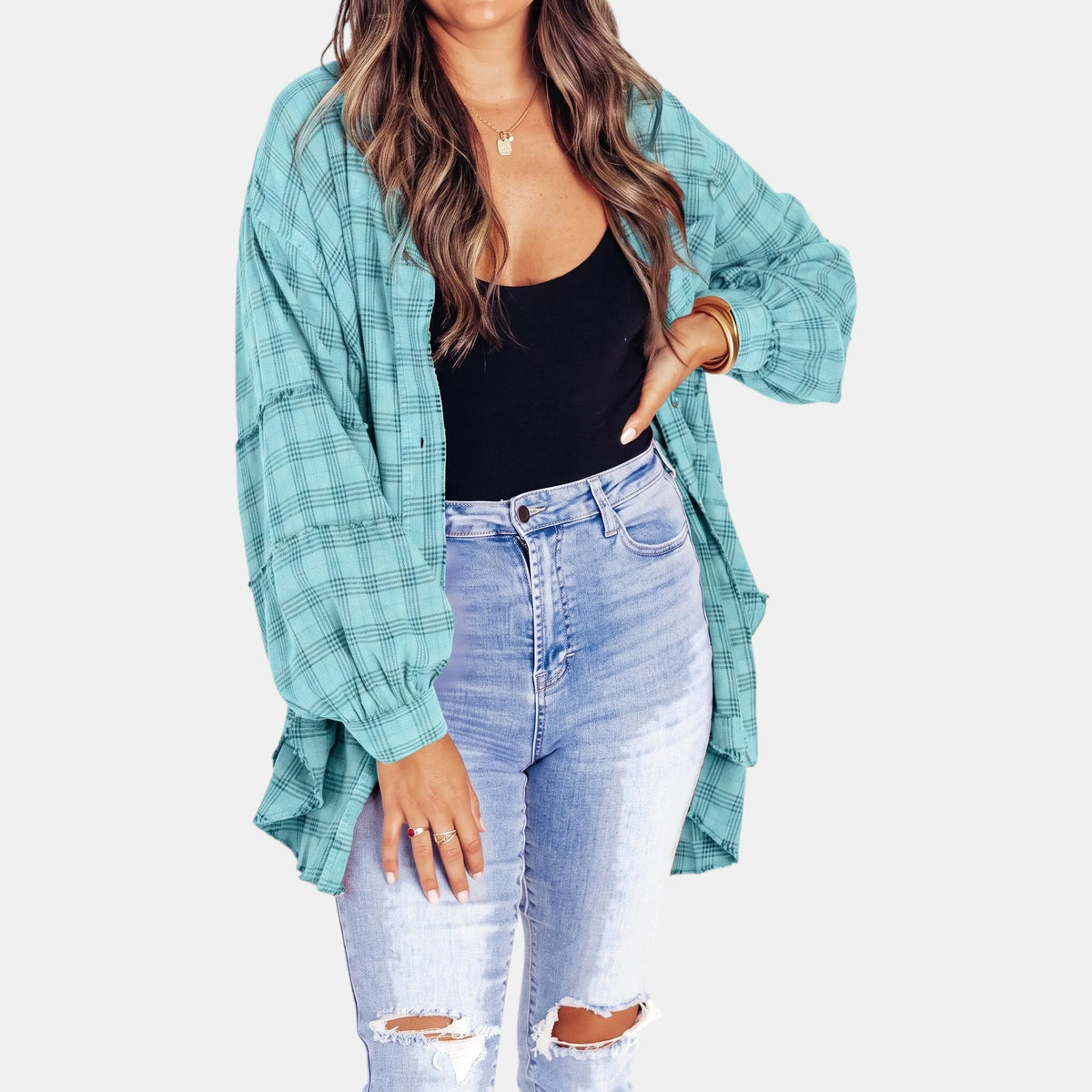 Kim Plaid Raw Hem Oversized Shirt in Turquoise