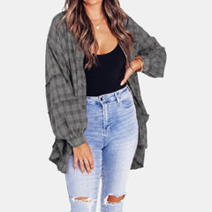 Kim Plaid Raw Hem Oversized Shirt in Grey
