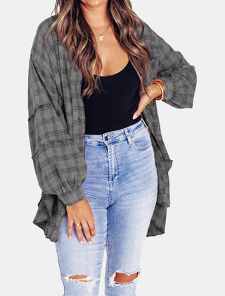 Kim Plaid Raw Hem Oversized Shirt in Grey