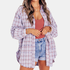 Kim Plaid Raw Hem Oversized Shirt in Purple