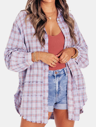 Kim Plaid Raw Hem Oversized Shirt in Purple