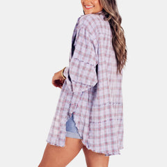 Kim Plaid Raw Hem Oversized Shirt in Purple