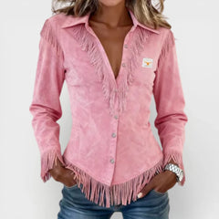 Kinsley Fringe Trim Button-Up Blouse in Pink