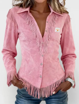 Kinsley Fringe Trim Button-Up Blouse in Pink