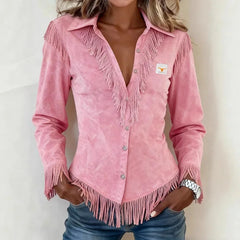 Kinsley Fringe Trim Button-Up Blouse in Pink