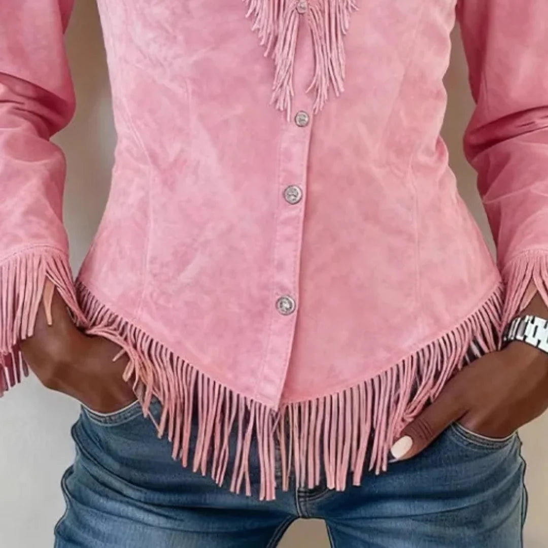 Kinsley Fringe Trim Button-Up Blouse in Pink