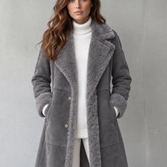 Kirsten Plush-Trim Long Coat in Grey