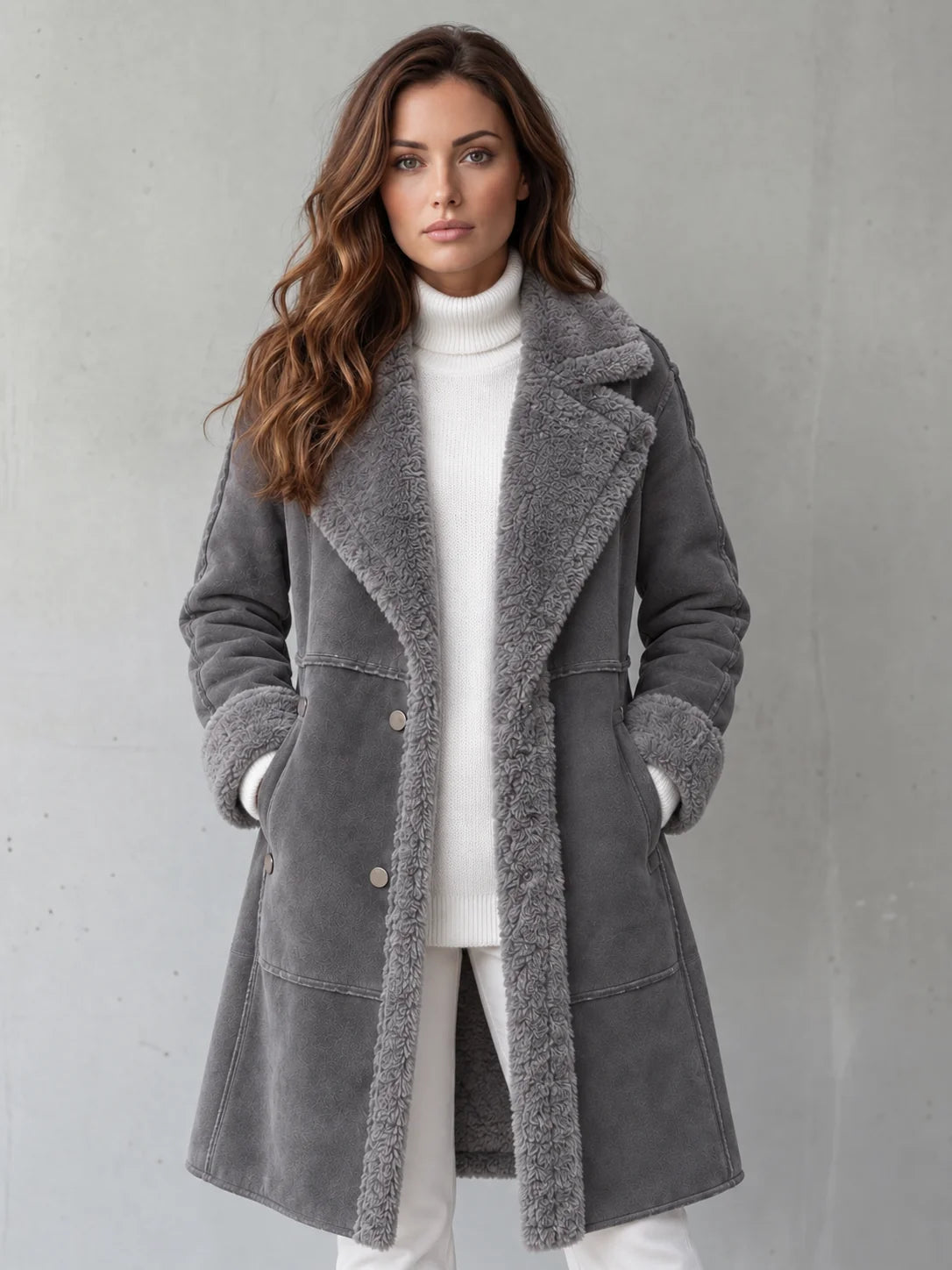 Kirsten Plush-Trim Long Coat in Grey