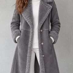 Kirsten Plush-Trim Long Coat in Grey