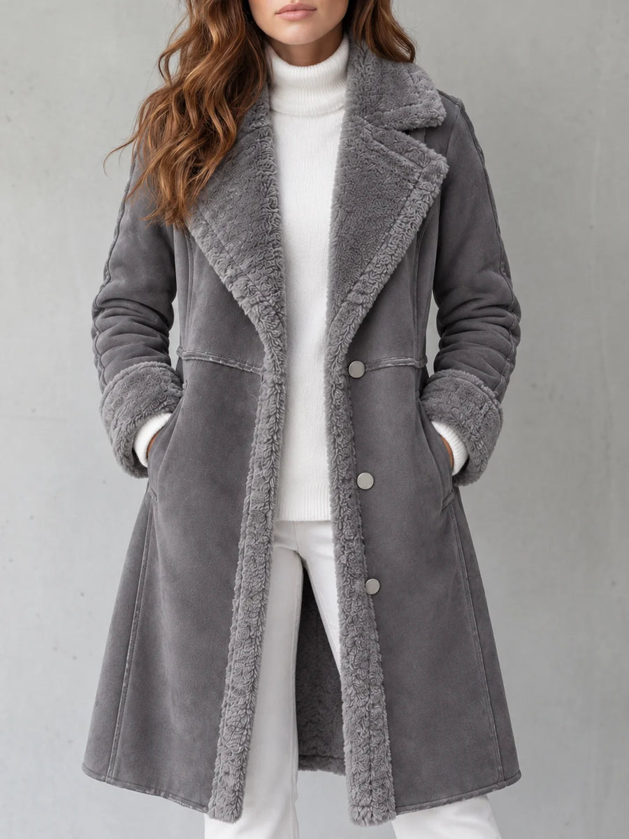 Kirsten Plush-Trim Long Coat in Grey