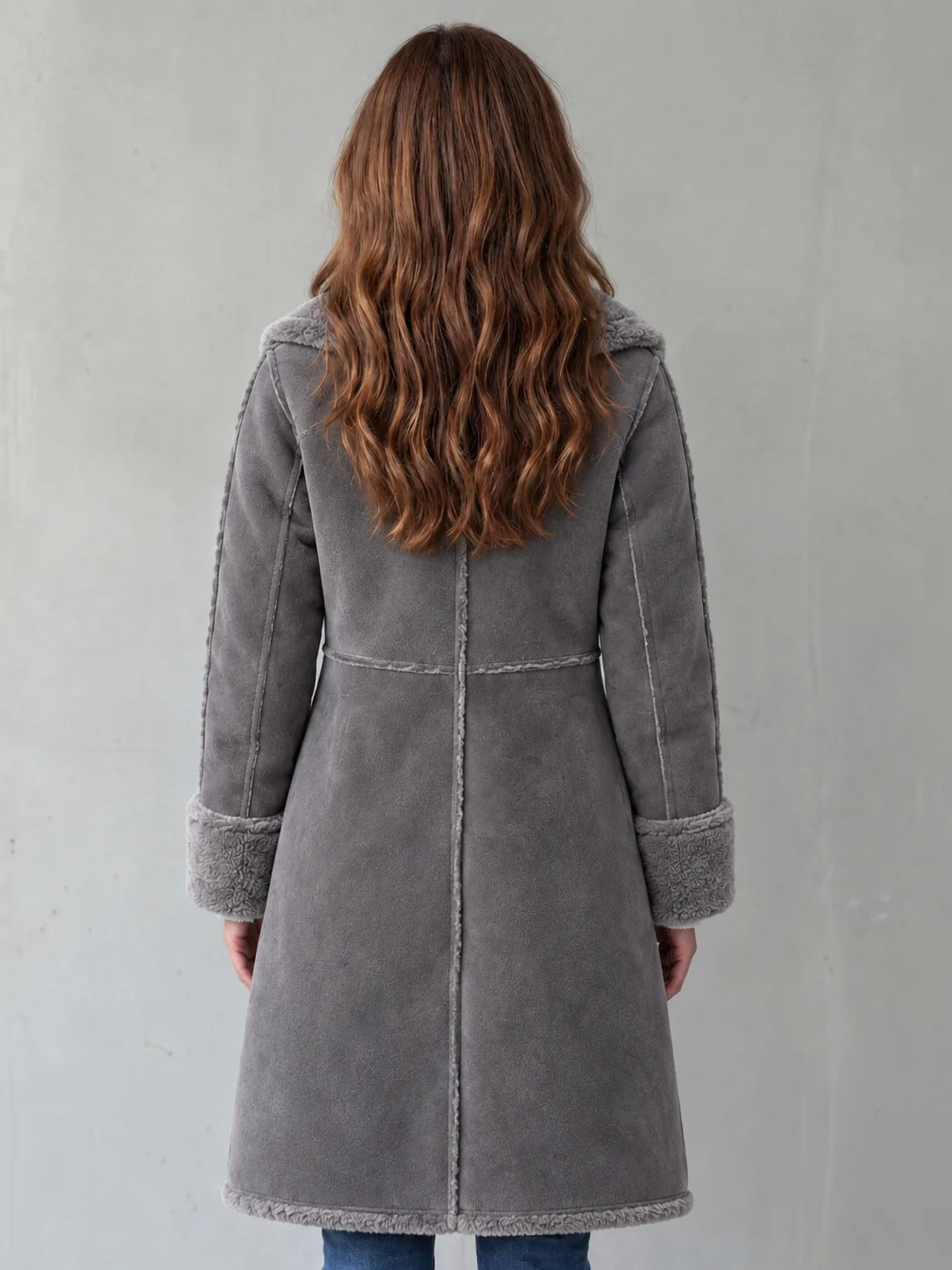 Kirsten Plush-Trim Long Coat in Grey