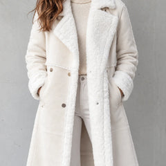 Kirsten Plush-Trim Long Coat in Cream