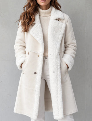 Kirsten Plush-Trim Long Coat in Cream