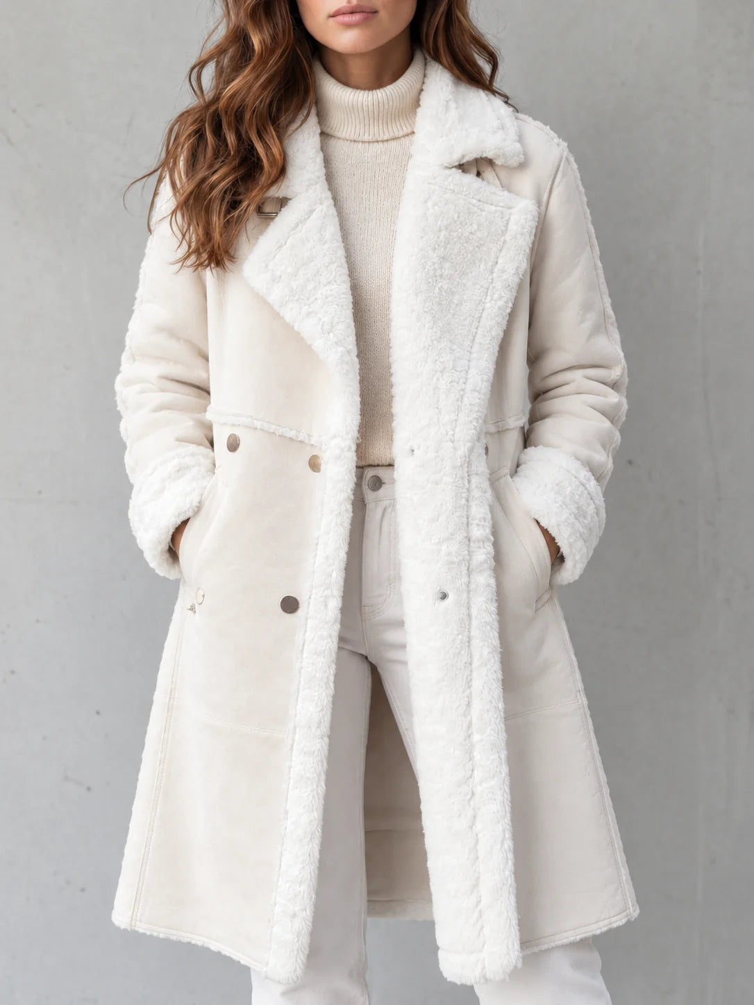 Kirsten Plush-Trim Long Coat in Cream