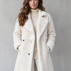 Kirsten Plush-Trim Long Coat in Cream