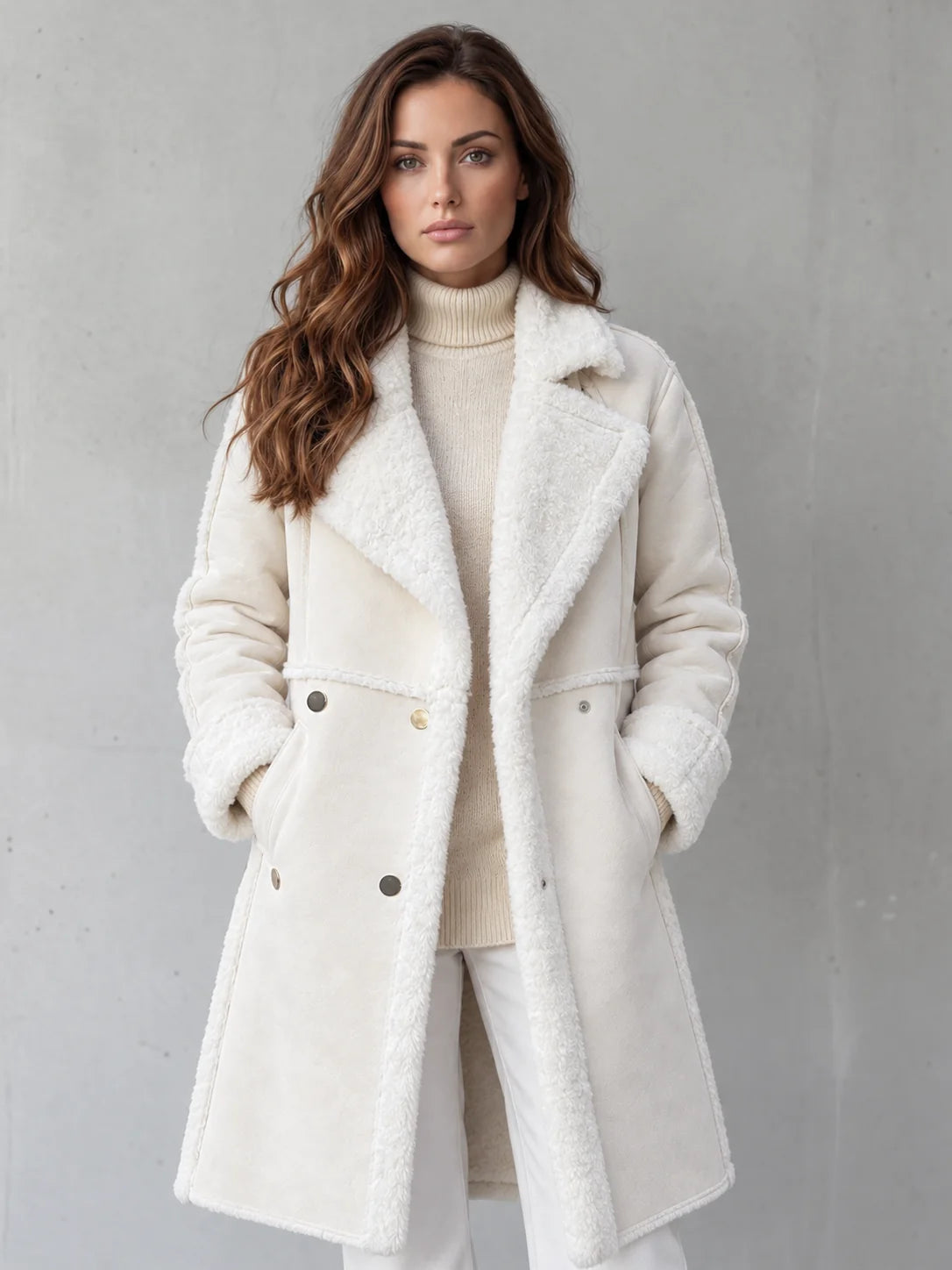 Kirsten Plush-Trim Long Coat in Cream