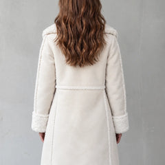 Kirsten Plush-Trim Long Coat in Cream