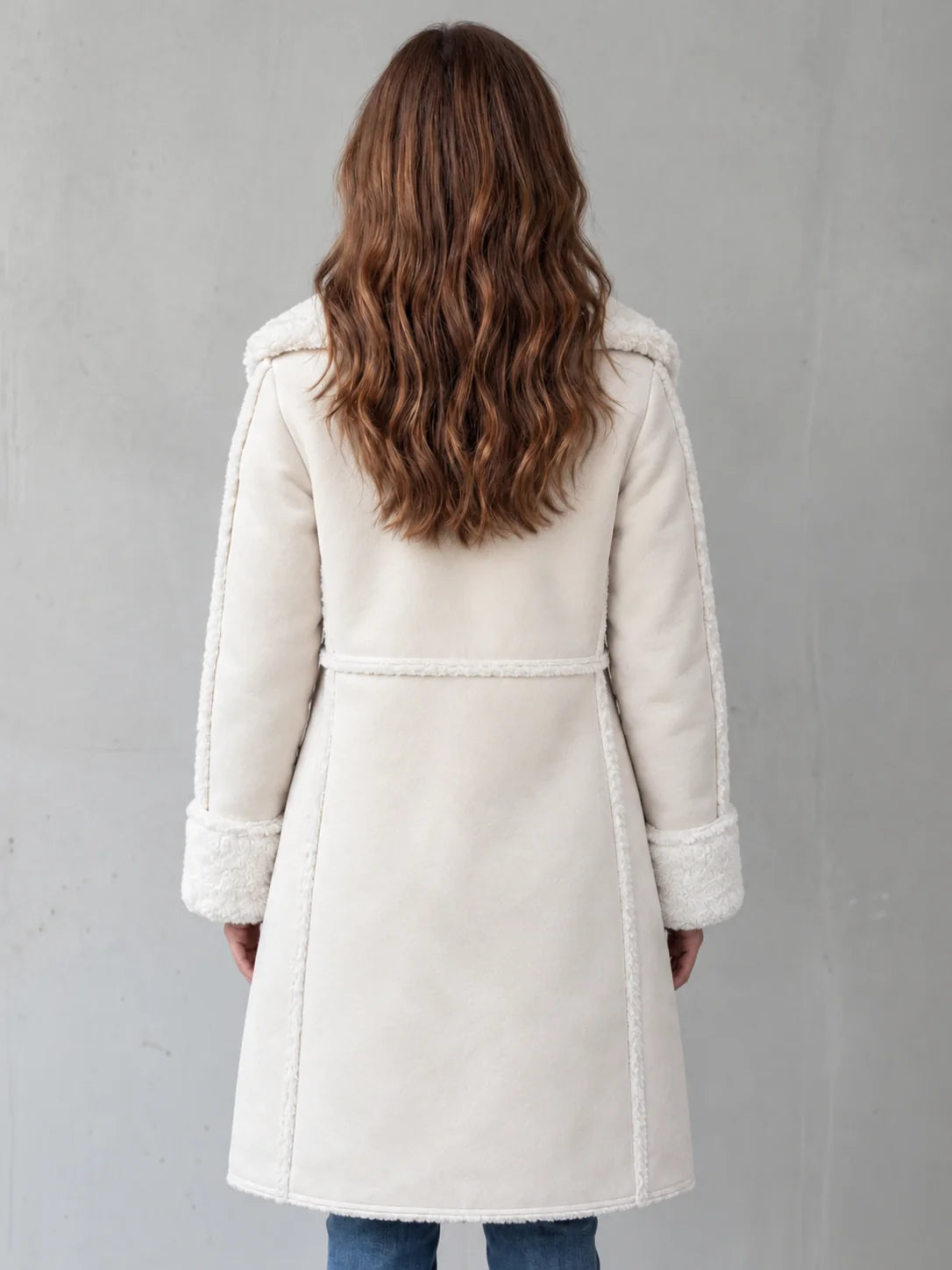 Kirsten Plush-Trim Long Coat in Cream