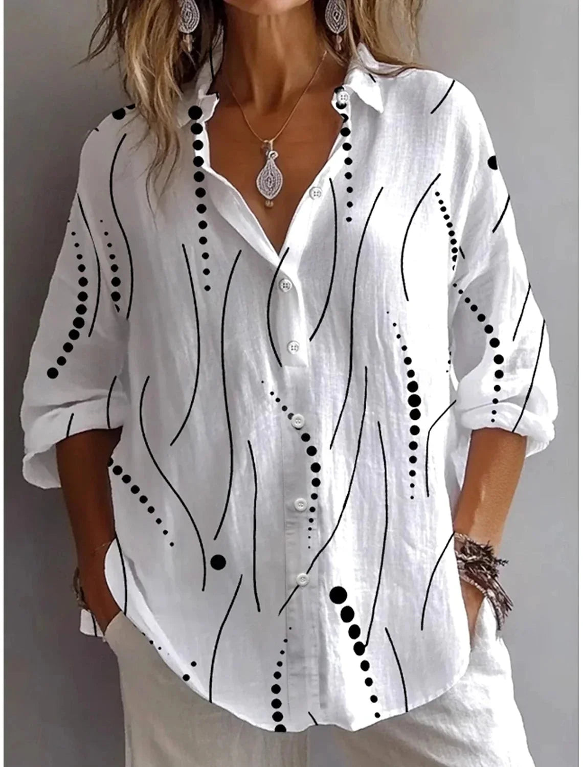 Kristen Abstract Line Print Button Shirt in White