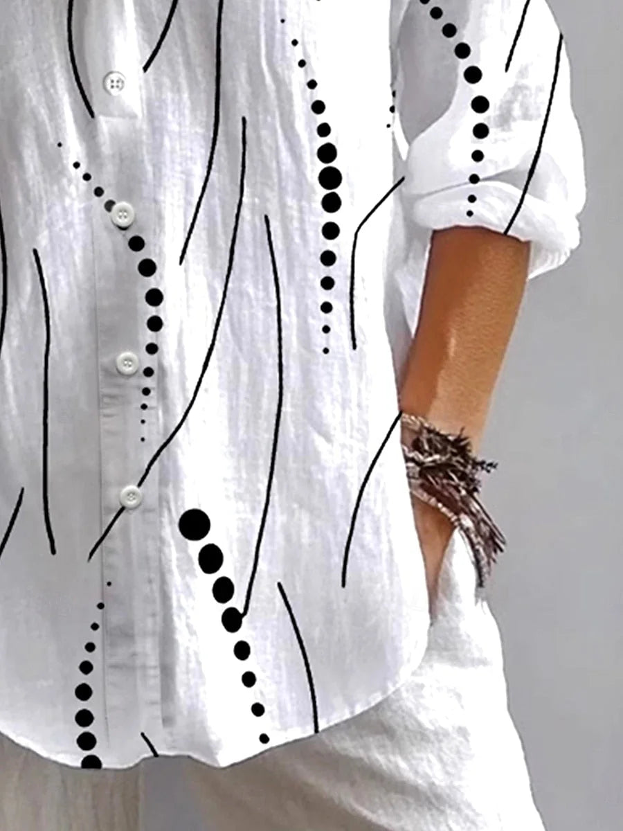 Kristen Abstract Line Print Button Shirt in White