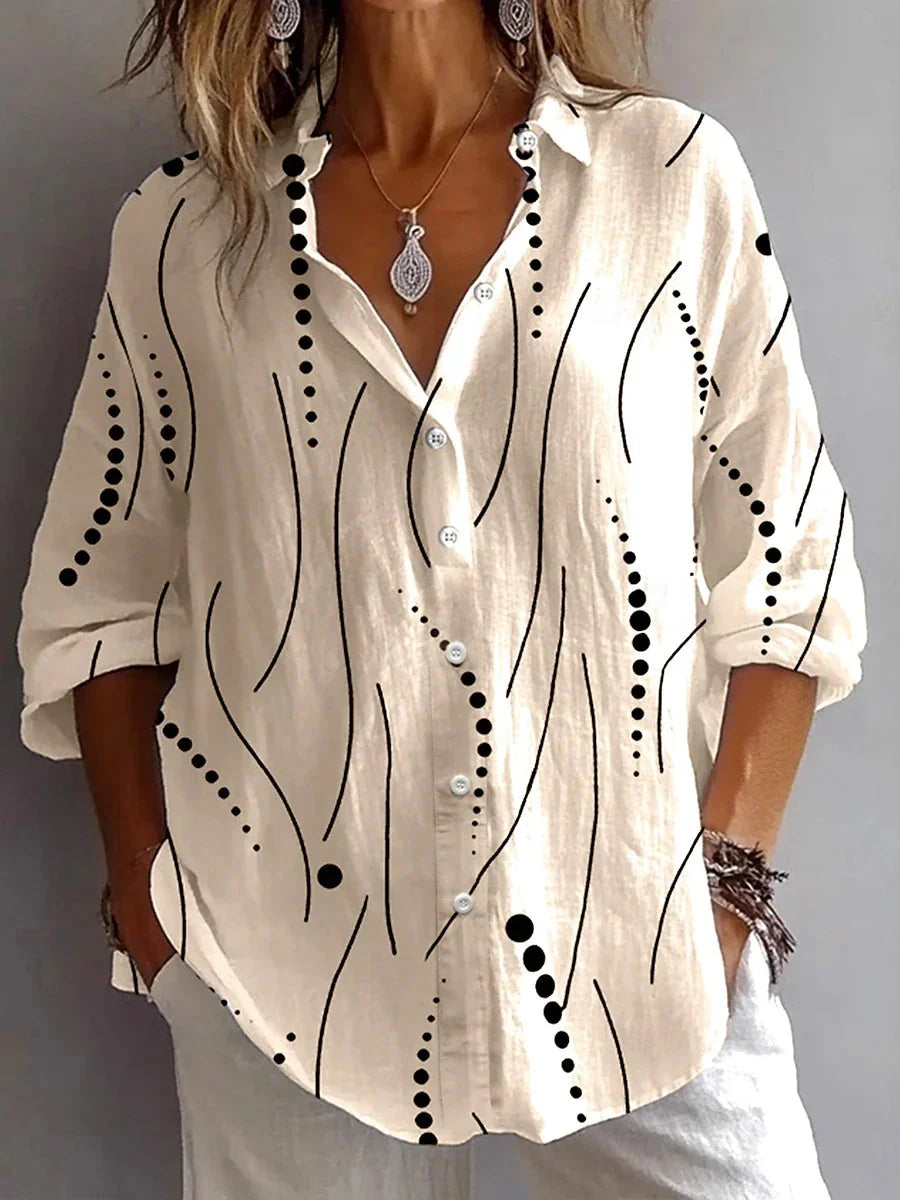 Kristen Abstract Line Print Button Shirt in Beige