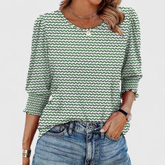Lana Smocked Cuff Puff Sleeve Blouse in Green Print