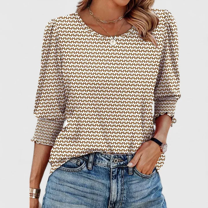 Lana Smocked Cuff Puff Sleeve Blouse in Khaki Print