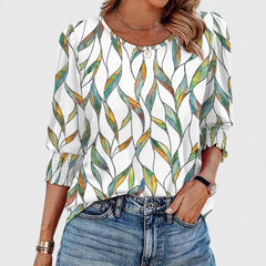 Lana Smocked Cuff Puff Sleeve Blouse in White Leaf Print