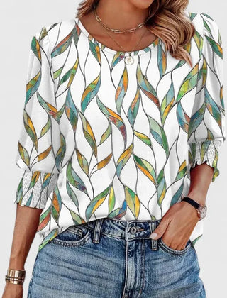 Lana Smocked Cuff Puff Sleeve Blouse in White Leaf Print